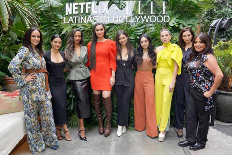 LOS ANGELES, CALIFORNIA - OCTOBER 16: (L-R) Melissa Fumero, Camila Mendes, Zoe Saldana, Lee Rodriguez, Victoria Justice, Aimee Garcia, Karla Souza, Génesis Rodríguez and Cristela Alonzo attend Netflix and Elle's Celebration of Latinas in Hollywood at Ka’teen on October 16, 2022 in Los Angeles, California. (Photo by Presley Ann/Getty Images for Netflix)